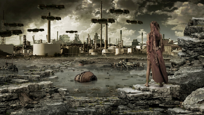 post-apocalyptic landscape with woman