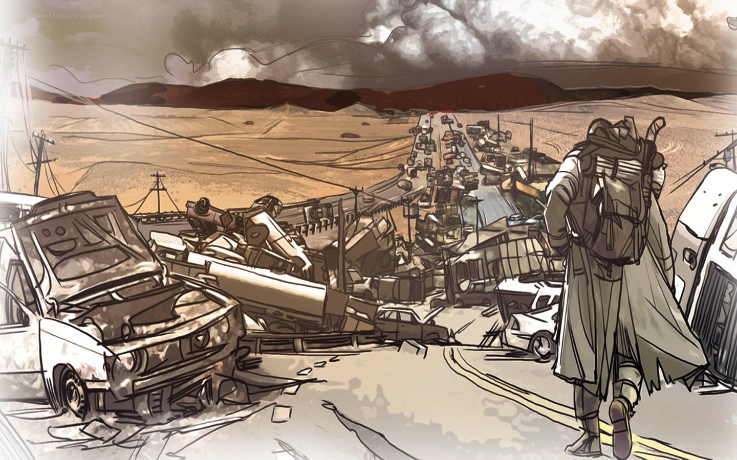 Post-apocalyptic road scene