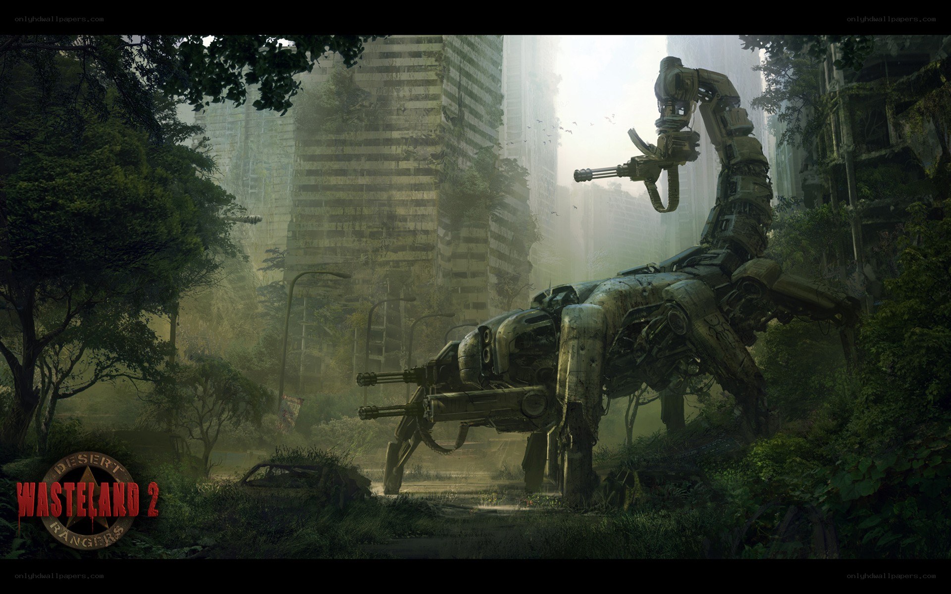 Post-apocalyptic robot in overgrown city