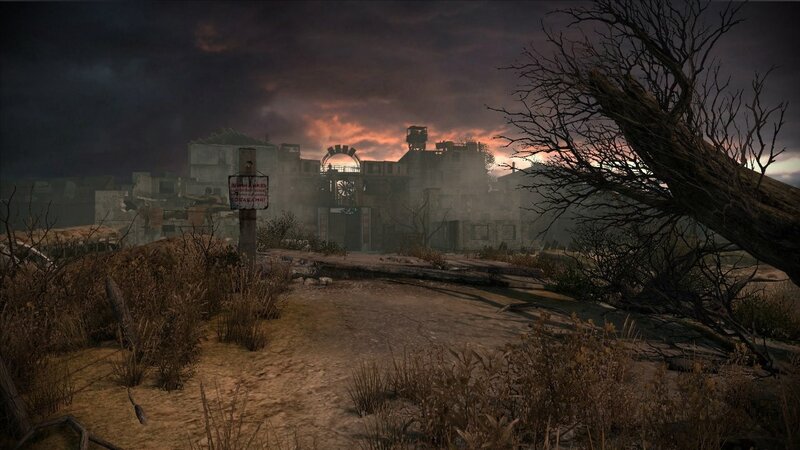 Post-apocalyptic ruin at dusk