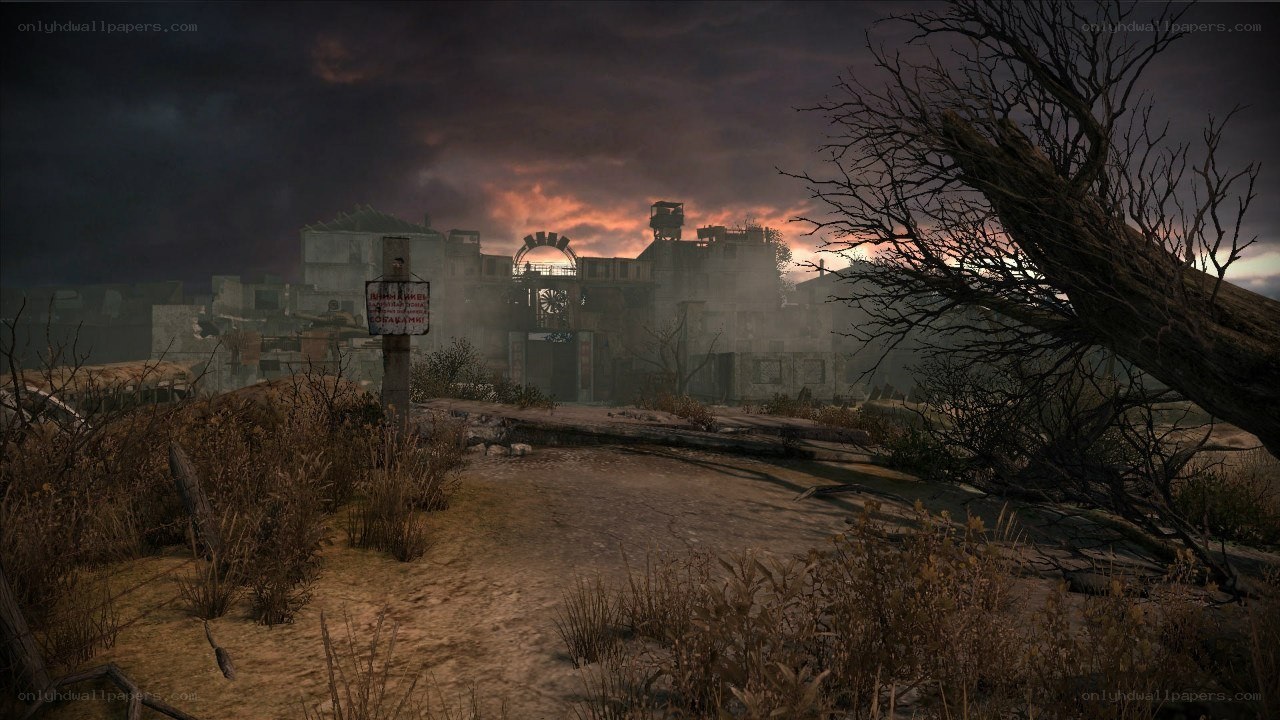 Post-apocalyptic ruin at dusk