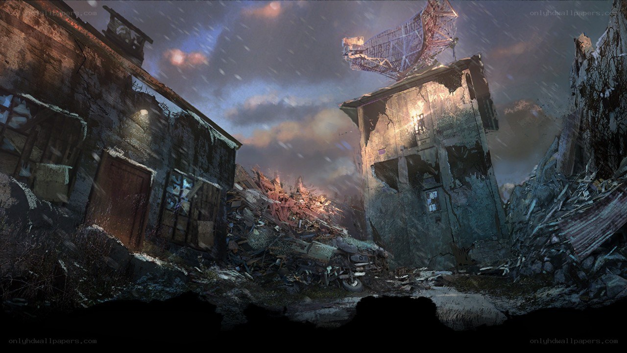 Post-apocalyptic ruins in snow