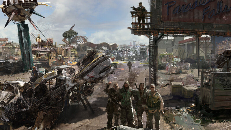 Post-apocalyptic scrapyard scene