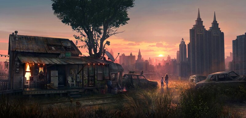 Post-apocalyptic settlement at sunset