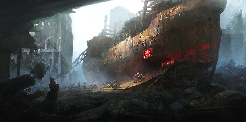 Post-apocalyptic shipyard scene
