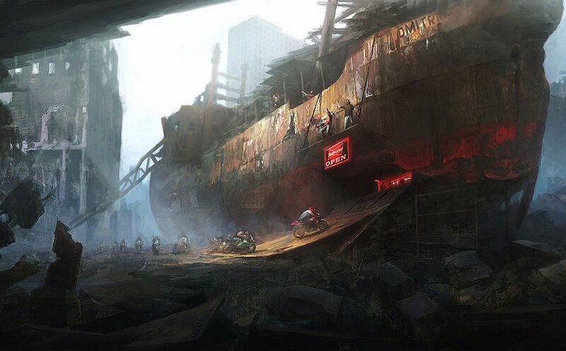 Post-apocalyptic shipyard scene