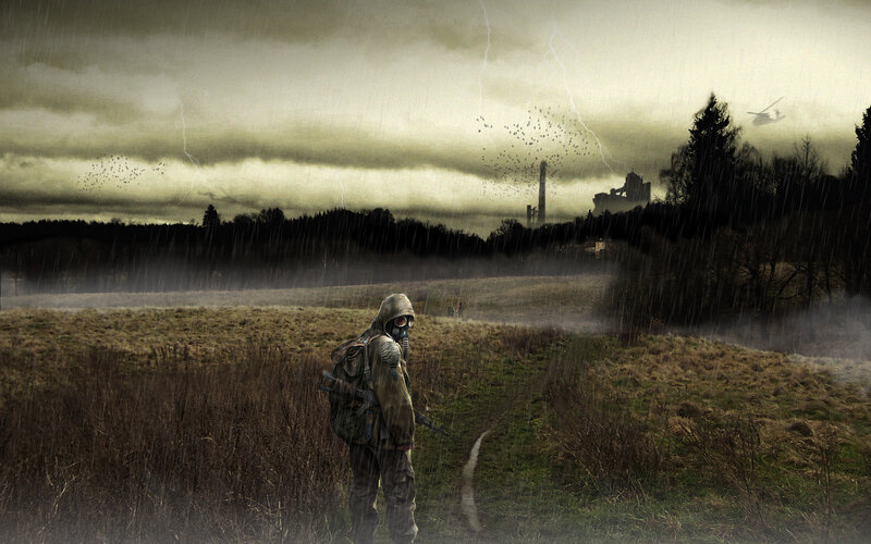 Post-apocalyptic soldier in rain