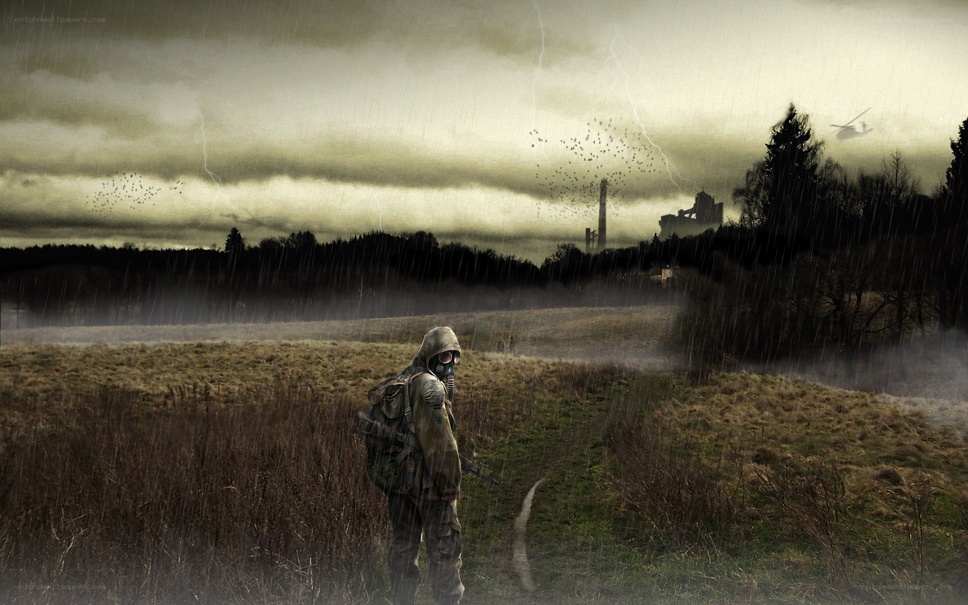 Post-apocalyptic soldier in rain