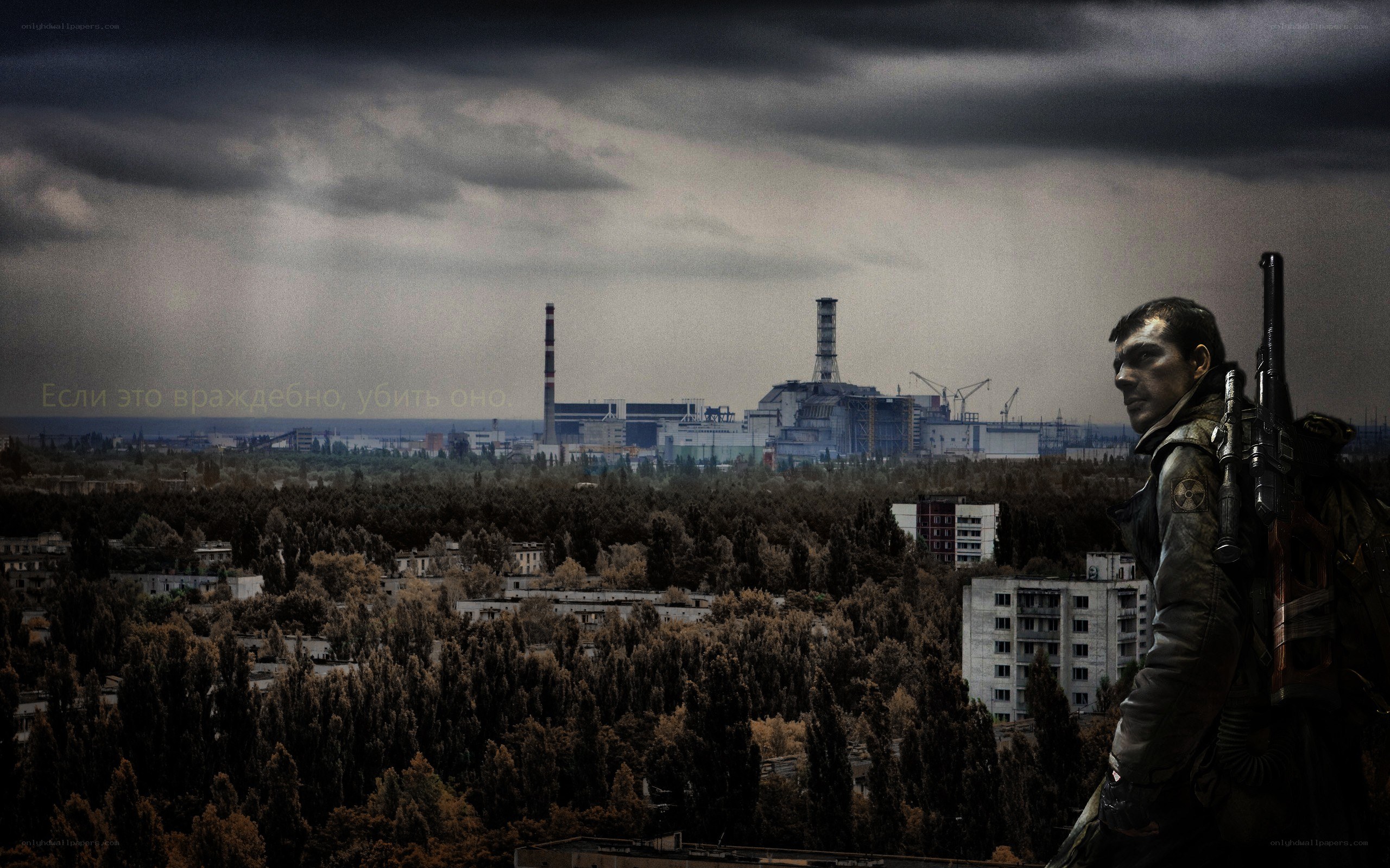 Post-apocalyptic soldier overlooking Chernobyl