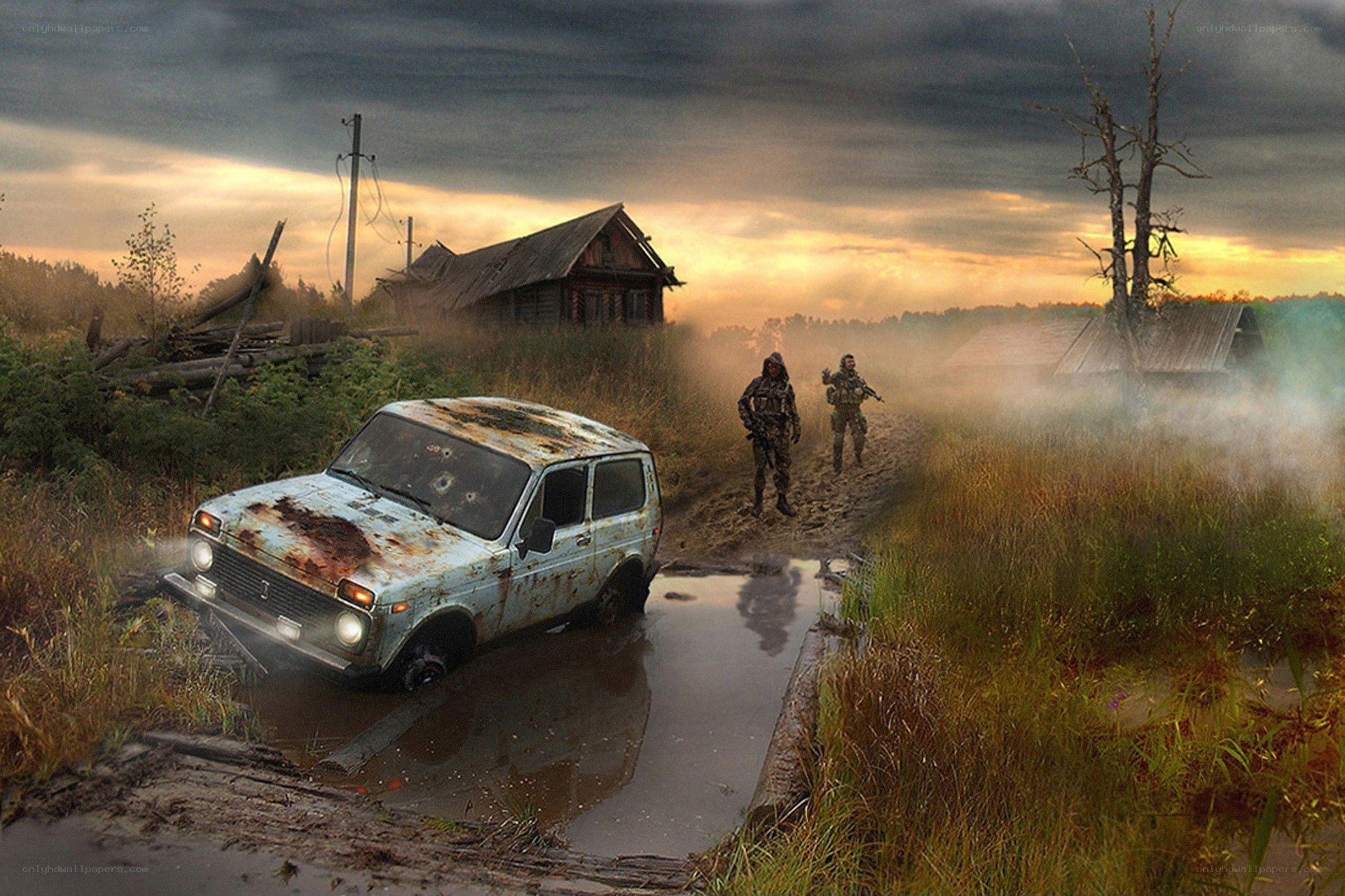 Post-apocalyptic soldiers in rural setting