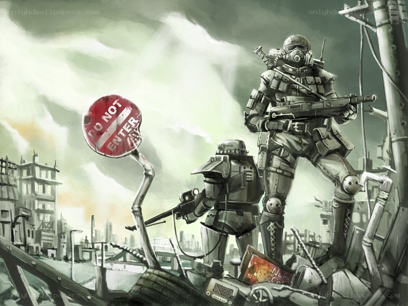 Post-apocalyptic soldiers on ruins