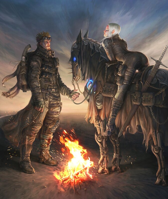 Post-apocalyptic travelers at campfire