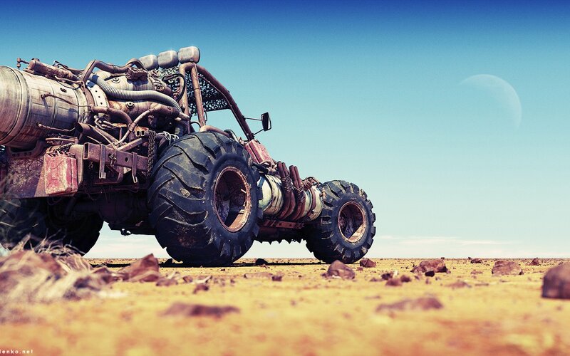 Post-apocalyptic Vehicle — Blue, Dramatic, Afternoon, Digital Art, Desert