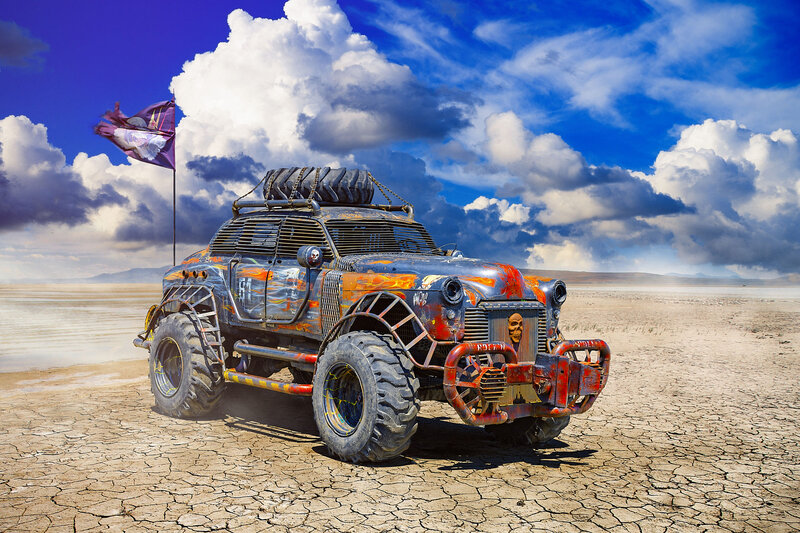 Post-apocalyptic Vehicle — Blue, Dramatic, Afternoon, Digital Art