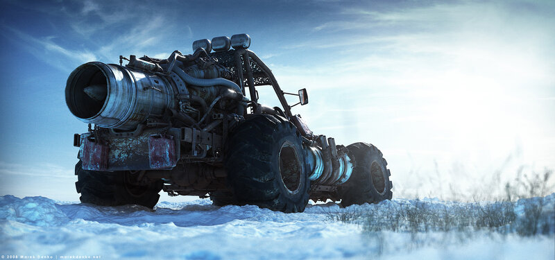 post-apocalyptic vehicle in snow
