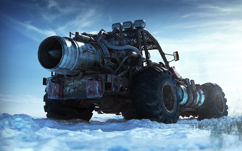 post-apocalyptic vehicle in snow