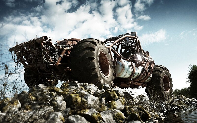 post-apocalyptic vehicle on rocks