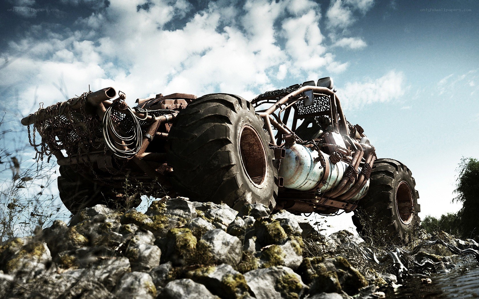 post-apocalyptic vehicle on rocks