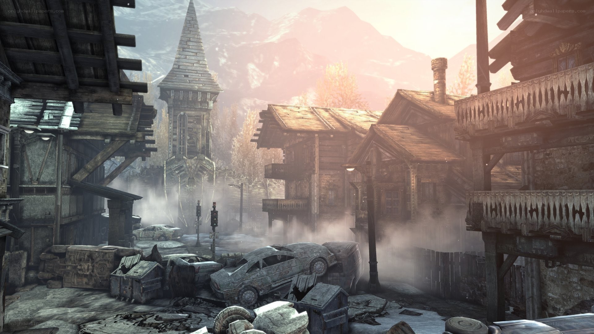 post-apocalyptic village scene