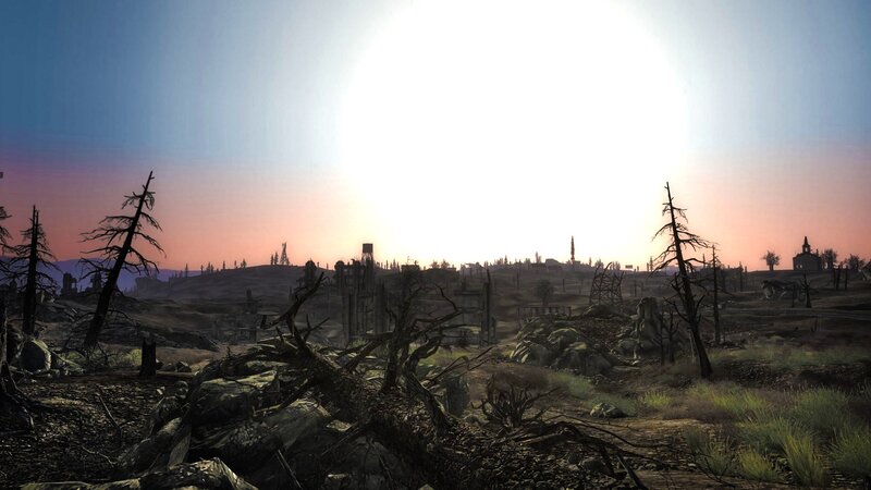 post-apocalyptic wasteland at sunset