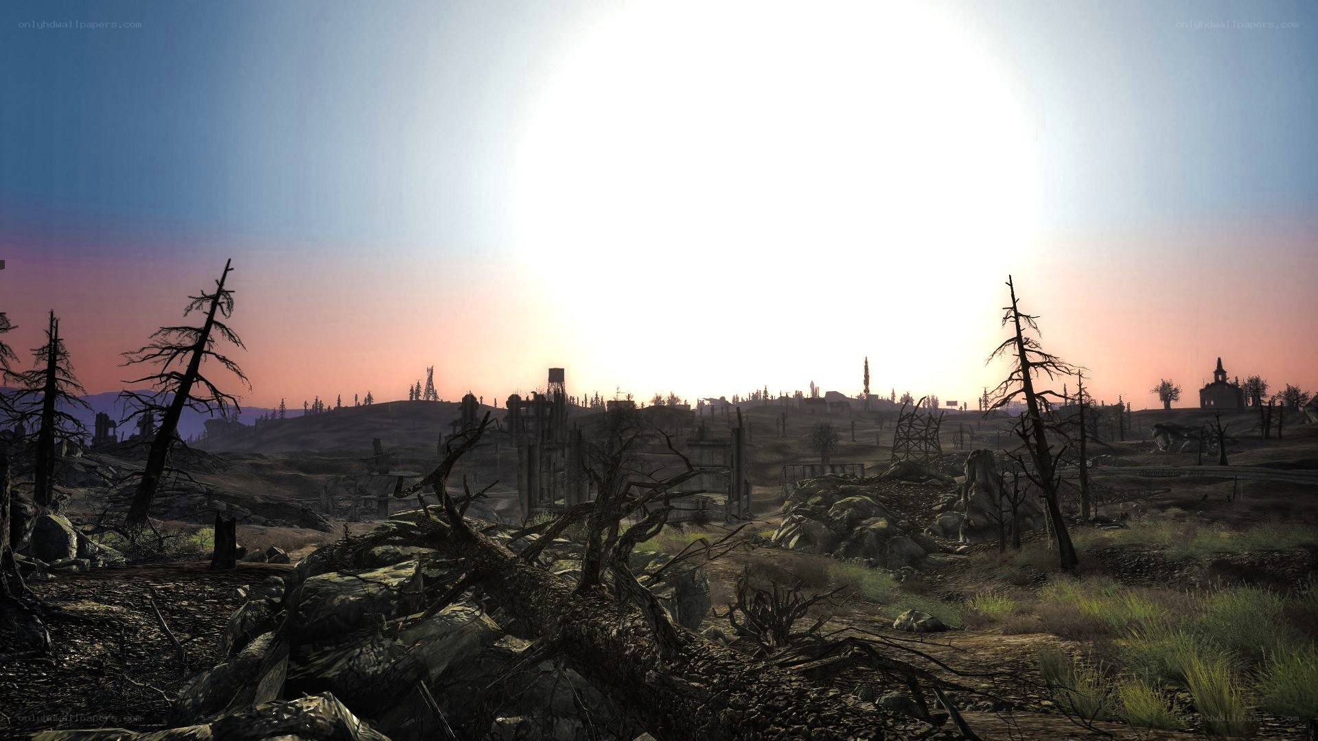 post-apocalyptic wasteland at sunset