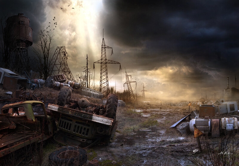 Post-apocalyptic wasteland scene