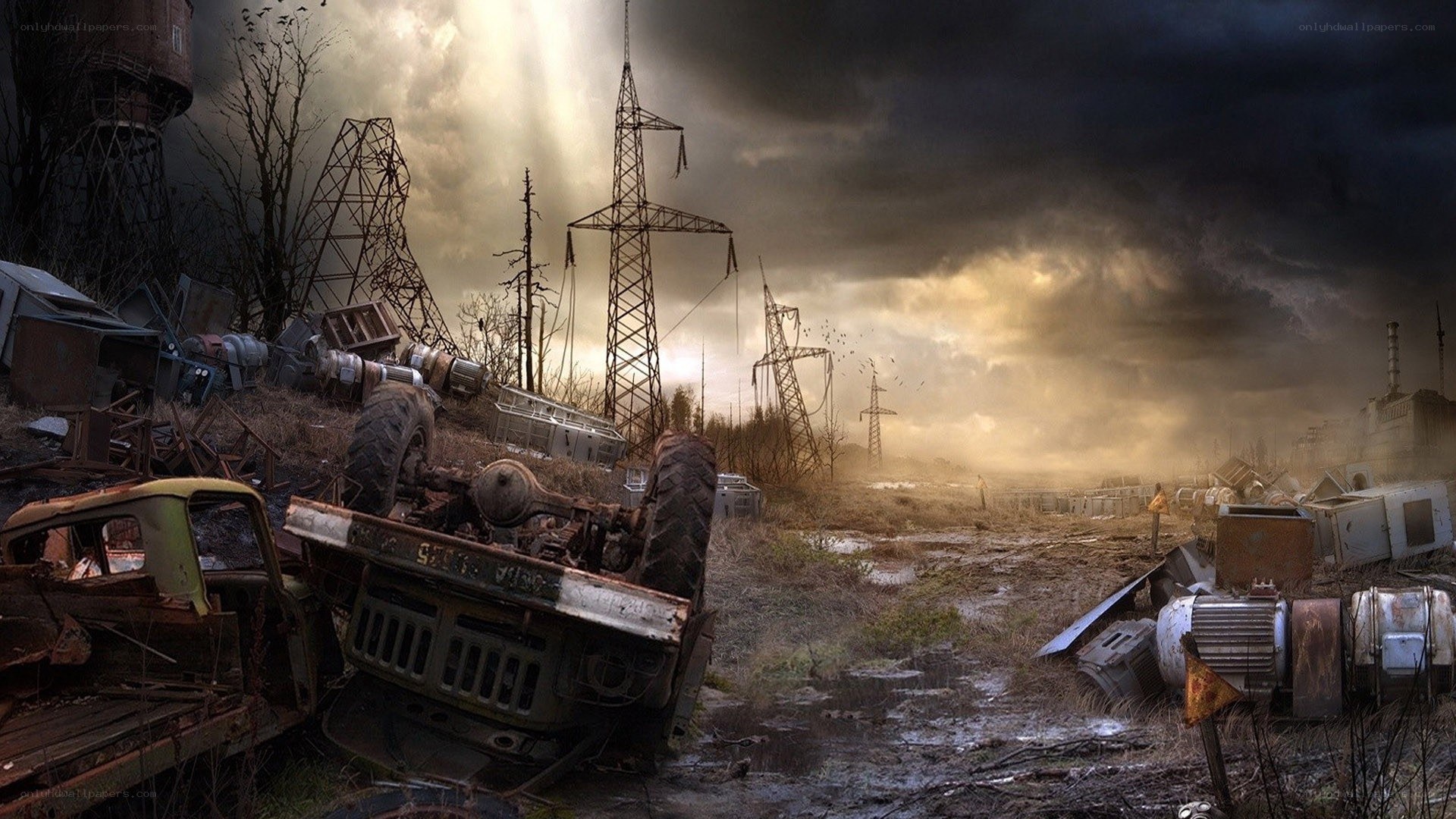 Post-apocalyptic wasteland scene