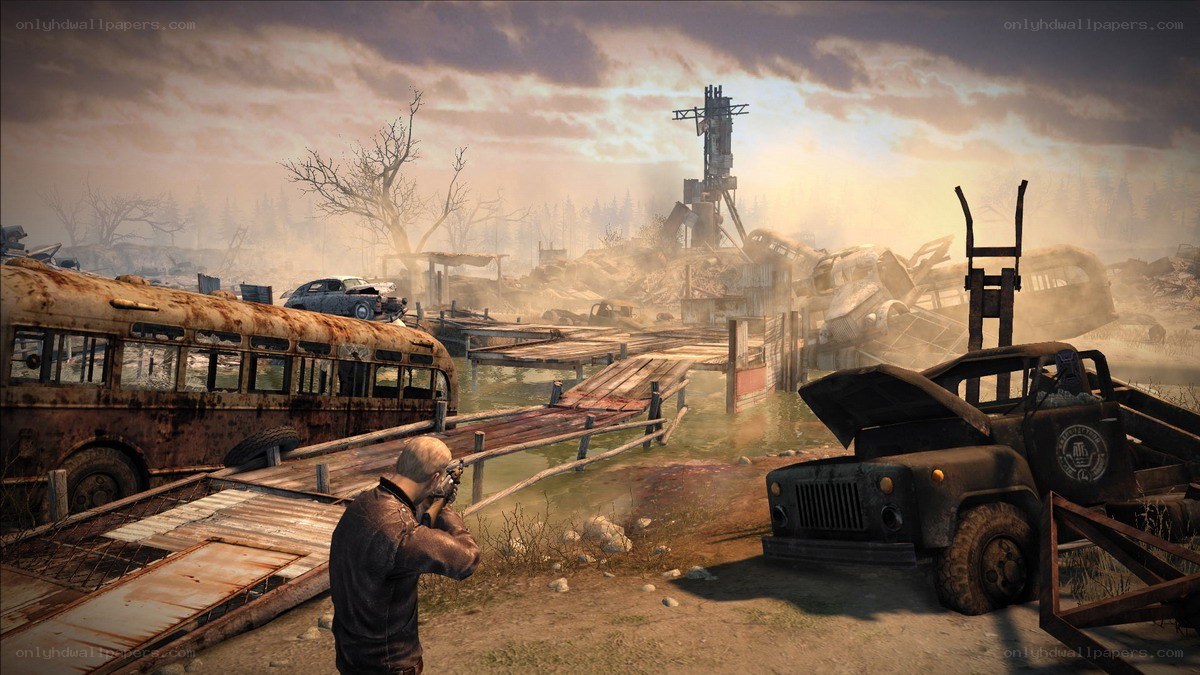 Post-apocalyptic wasteland scene