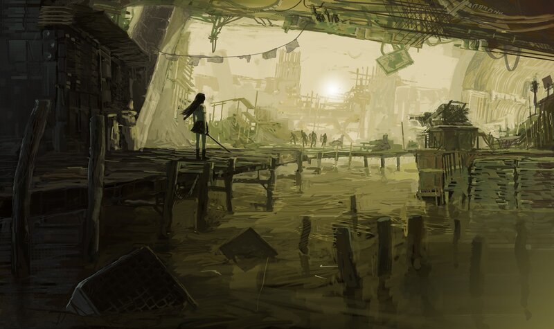 Post-apocalyptic waterfront scene
