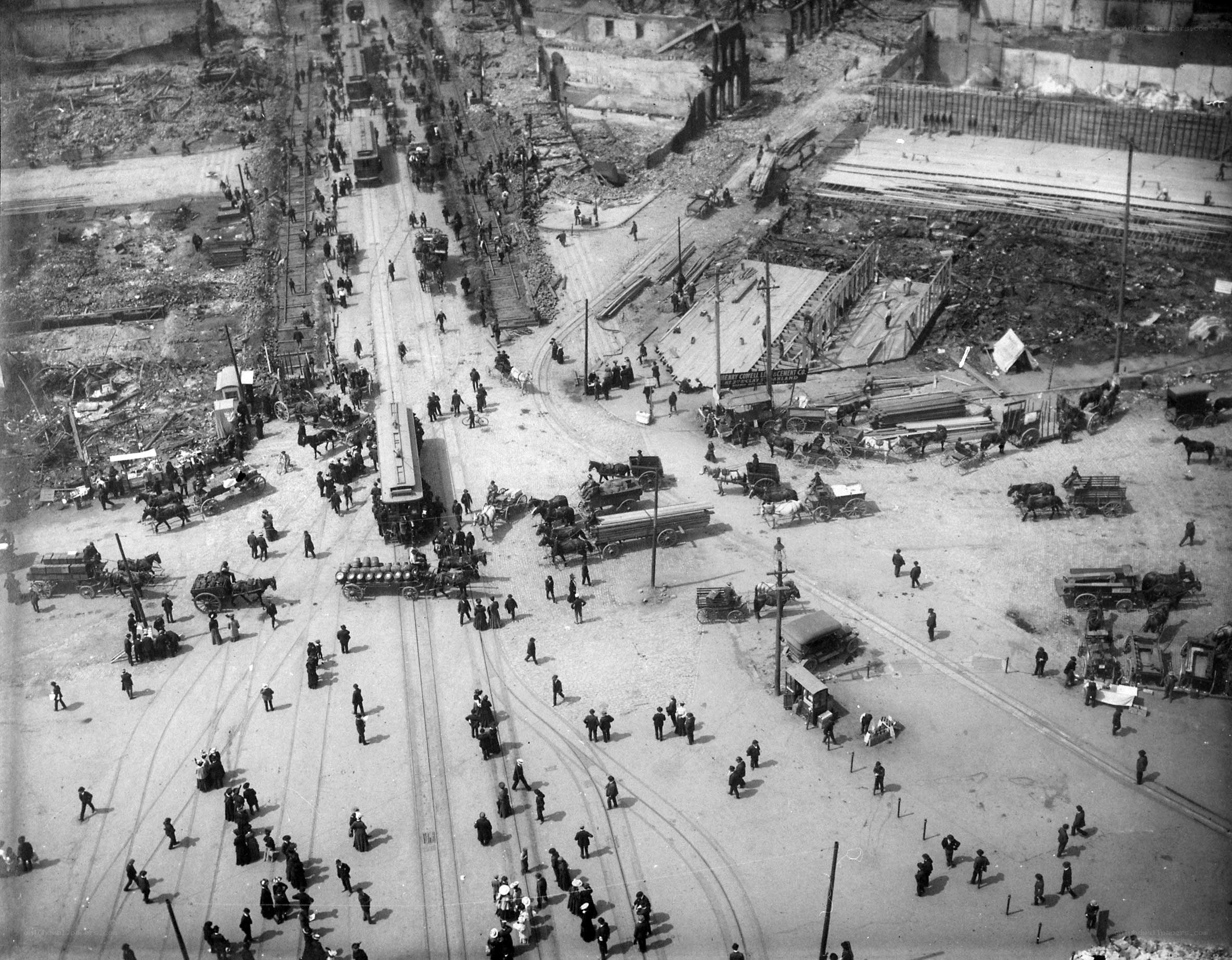 Post-fire city street scene