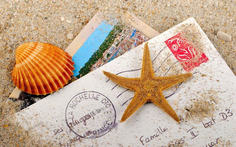 Postcard with seashell and starfish