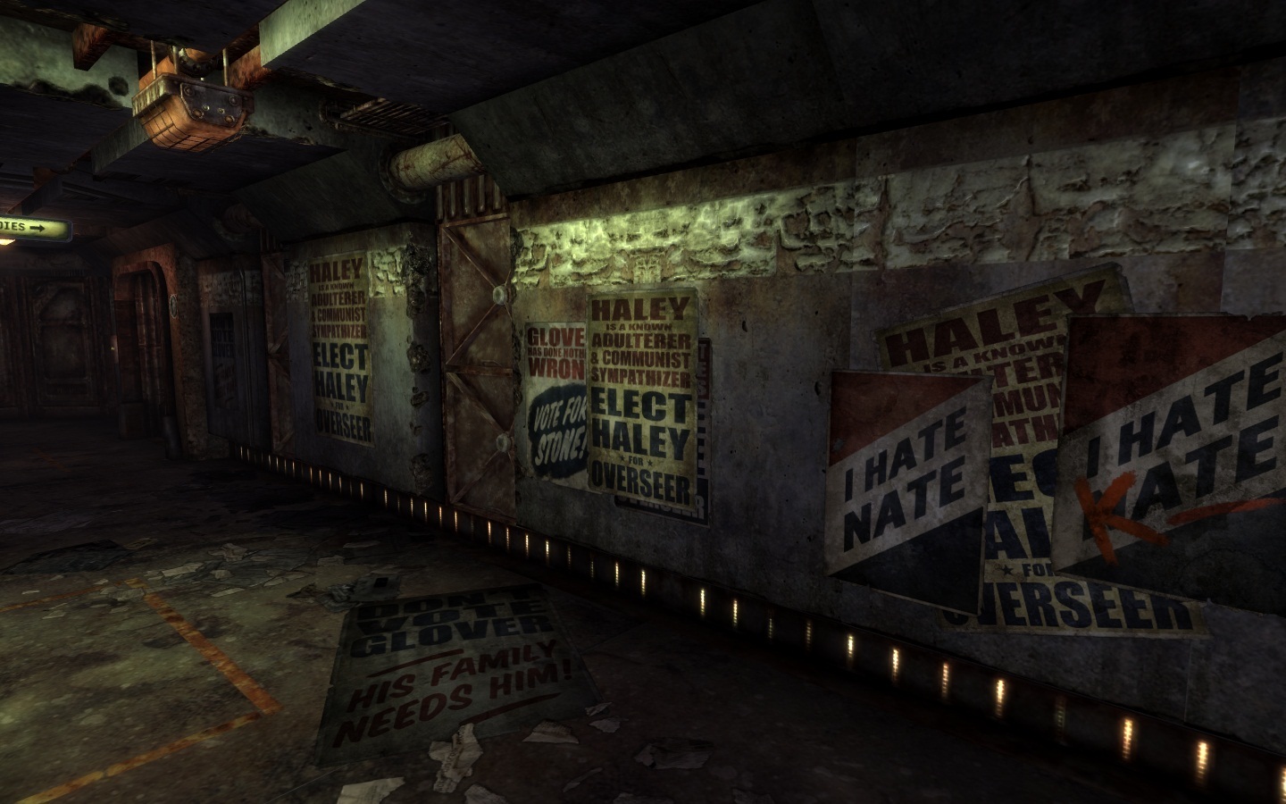 posters in a dim corridor