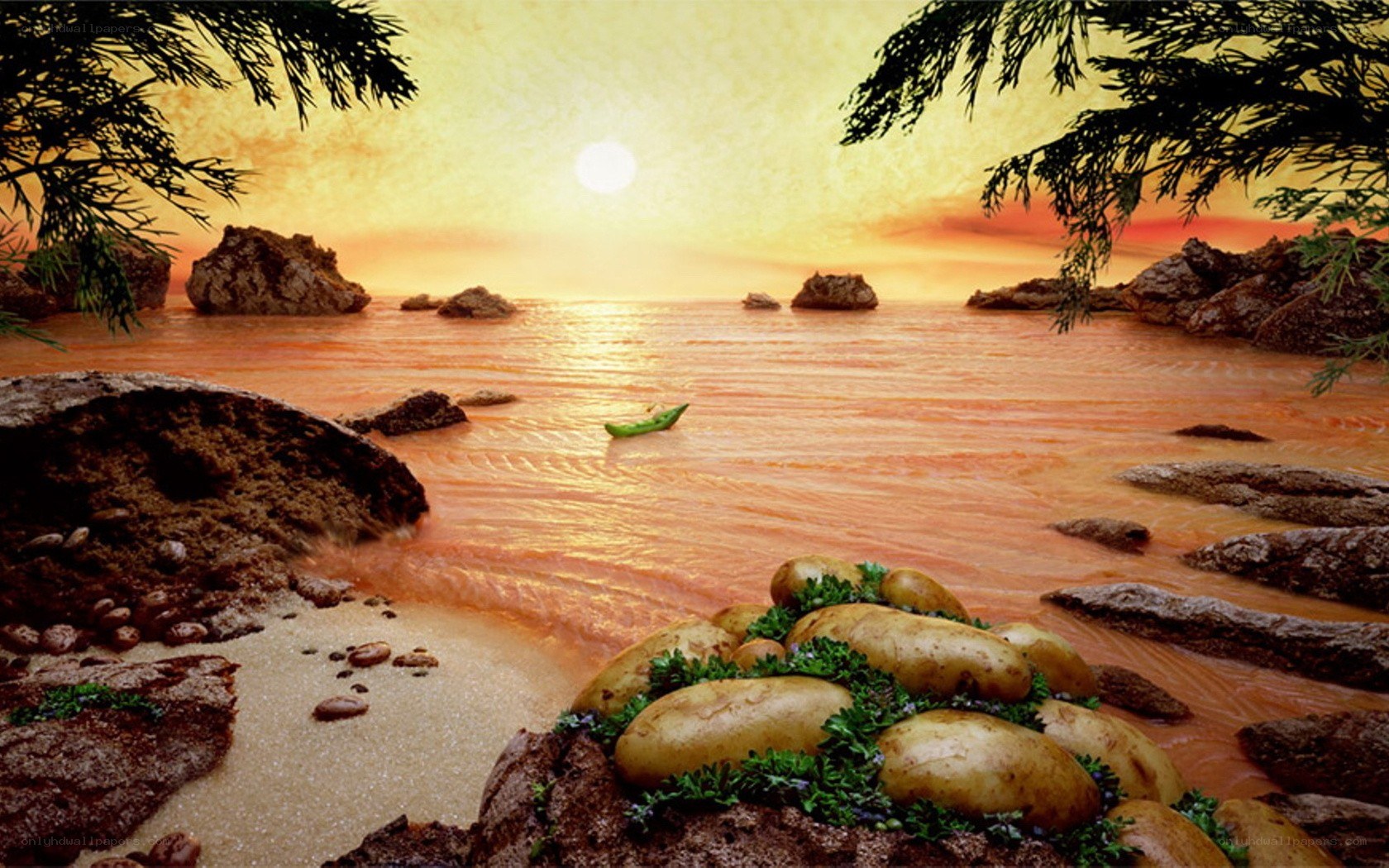 Potatoes on a beach at sunset