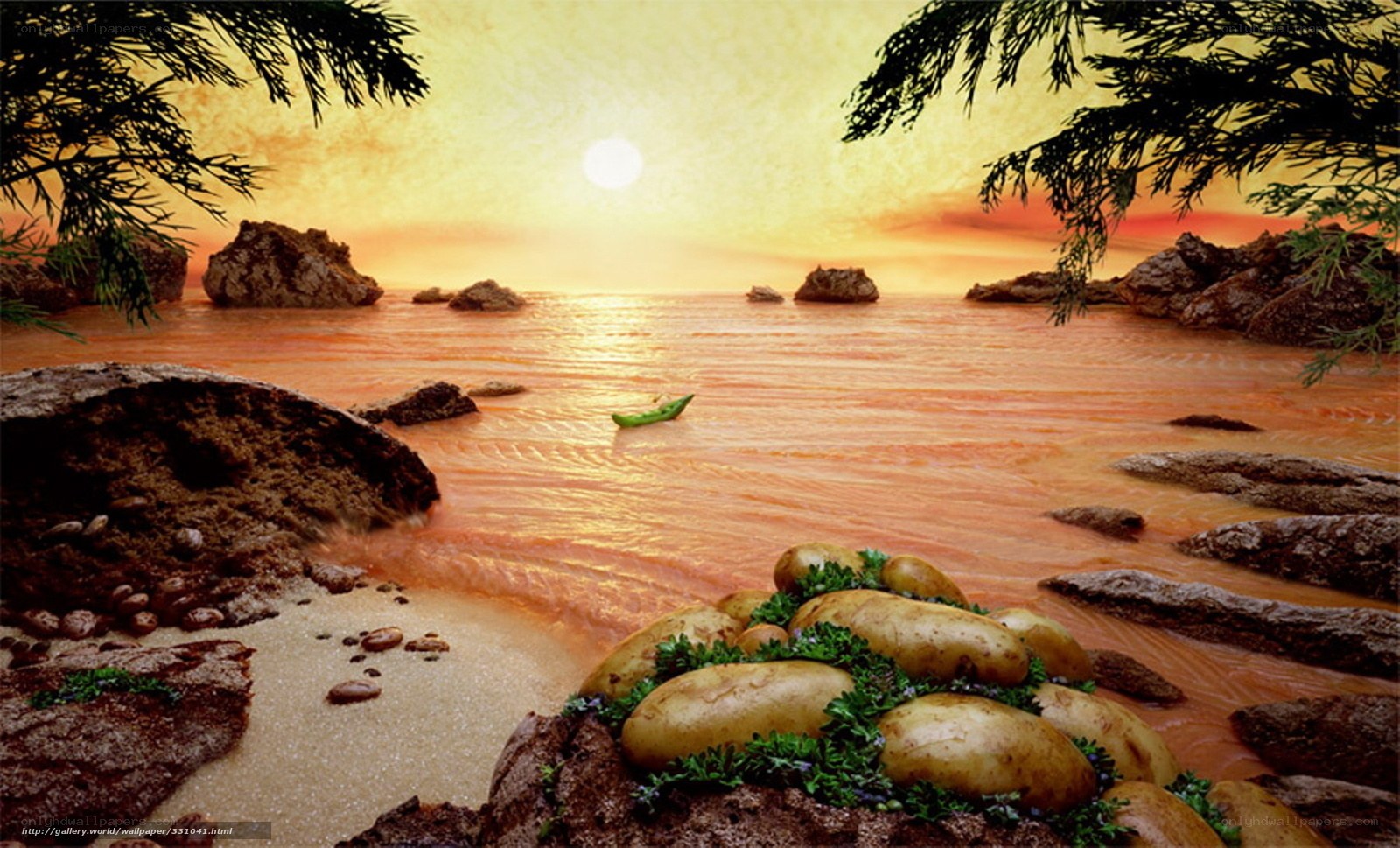 Potatoes on a beach at sunset
