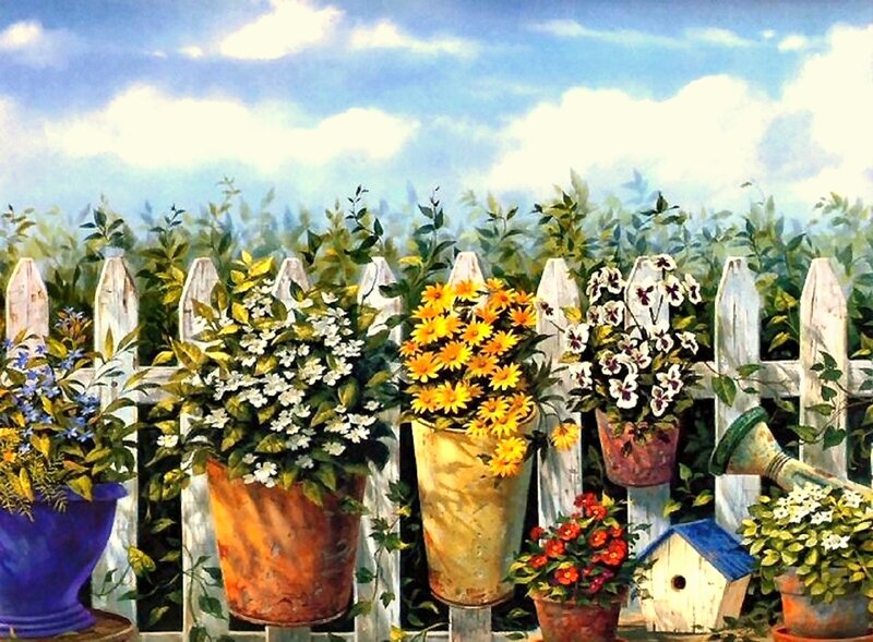 Potted Flowers on Fence — Blue