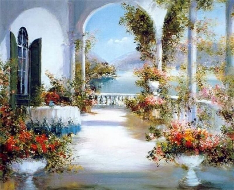 Potted Flowers on Terrace — White, Serene