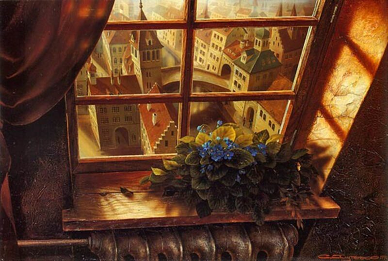 Potted Plant on Windowsill — Brown