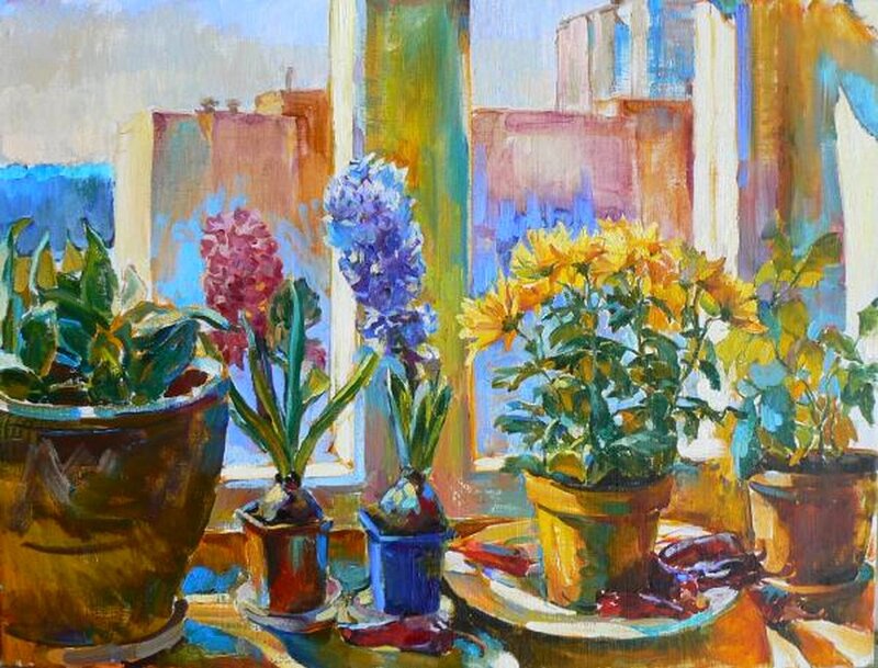 Potted Plants on Windowsill — Yellow