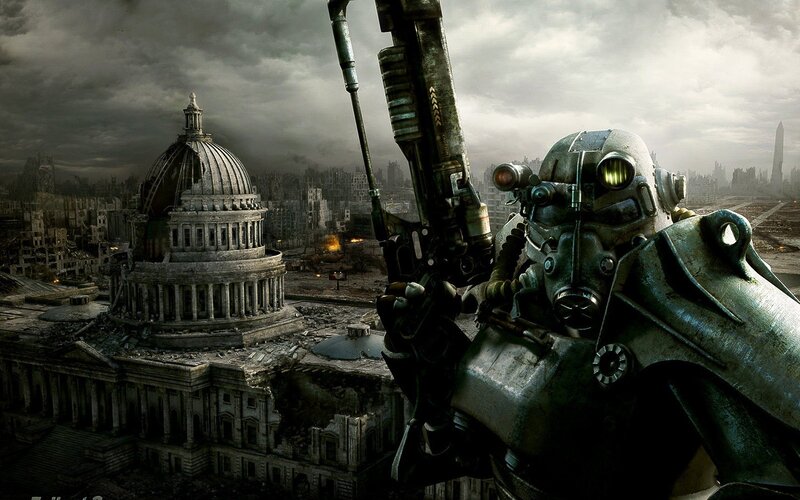 Power Armor Soldier — Gray, Dramatic, Digital Art, Destroyed City, Capitol Building