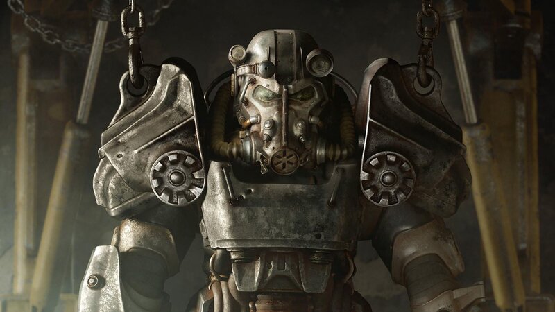 Power armor suit in a workshop