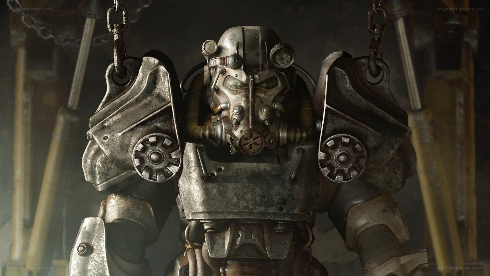 Power armor suit in a workshop