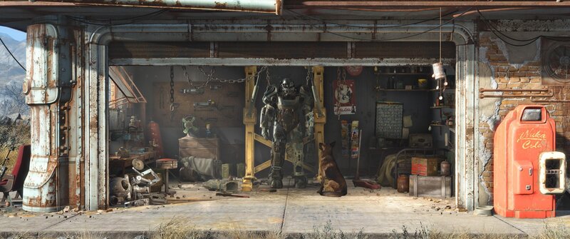 Power Armor Suit in Garage — Gray