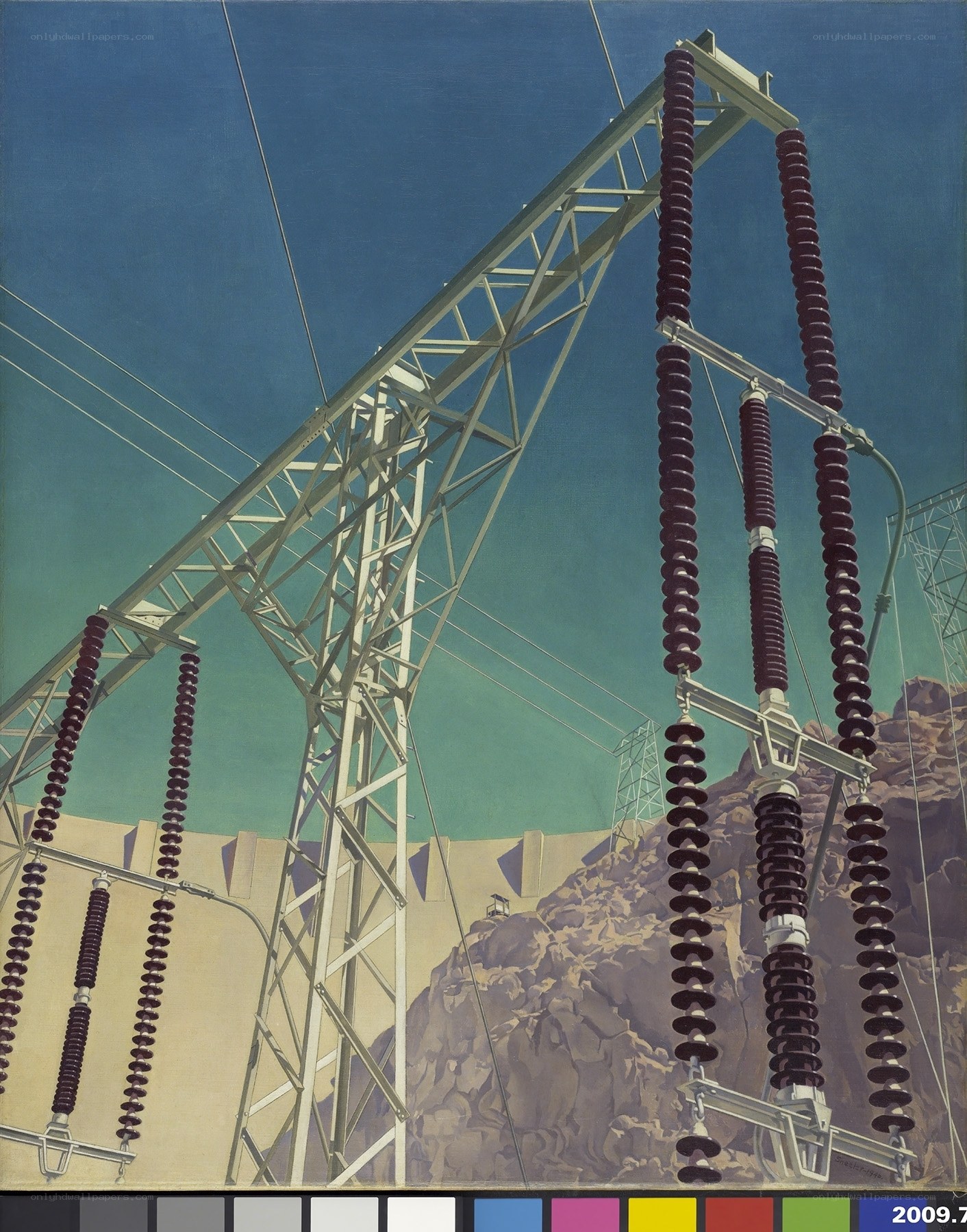 Power line tower against blue sky