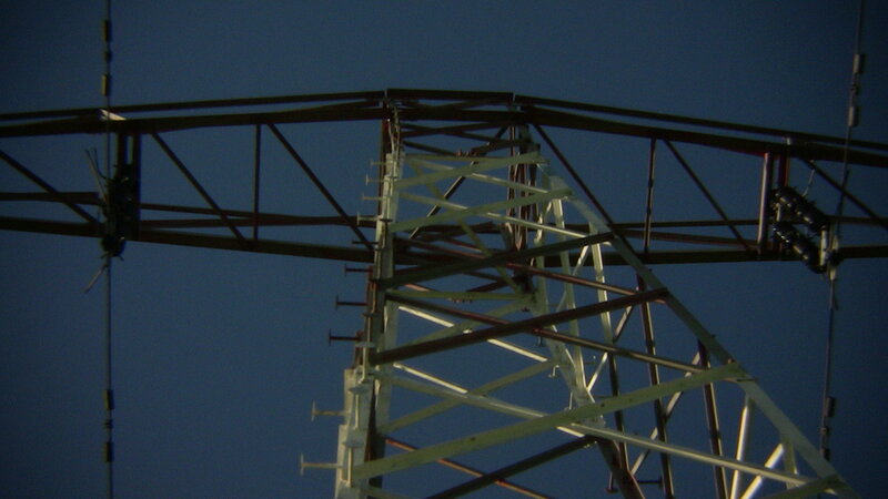 Power line tower at dusk