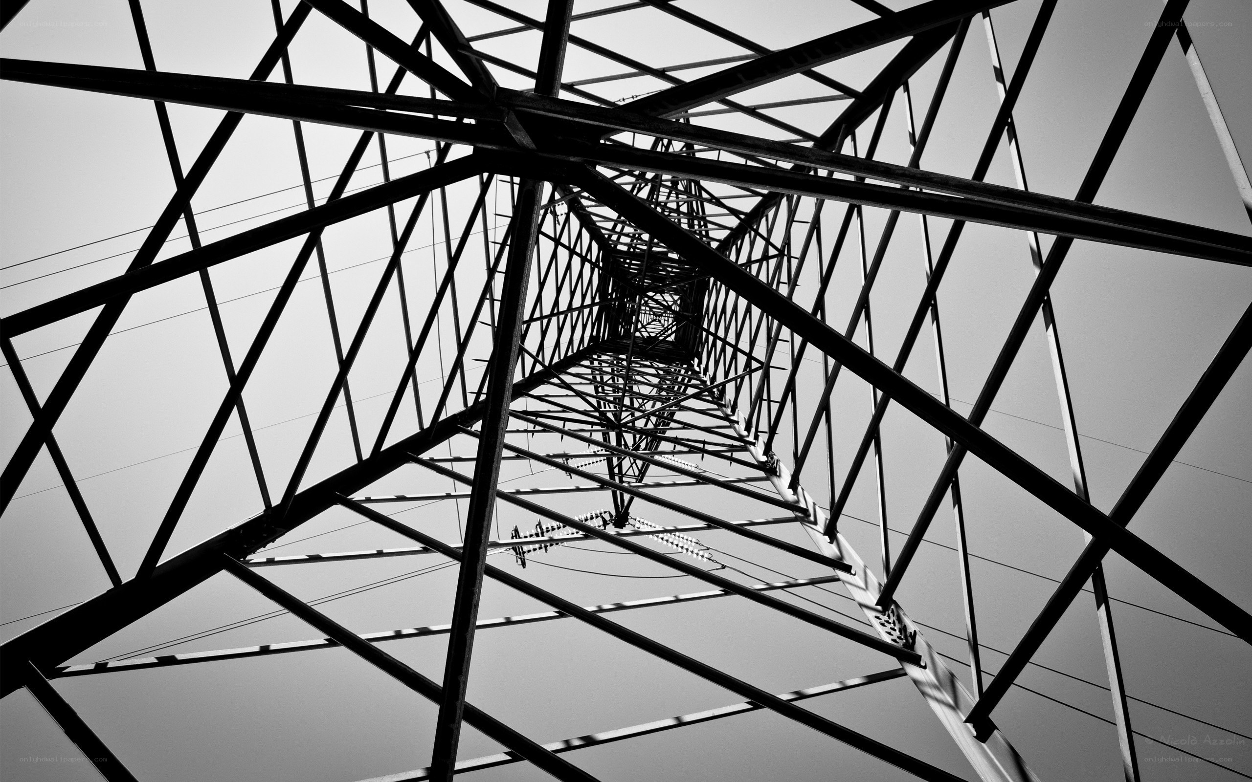 Power line tower from below