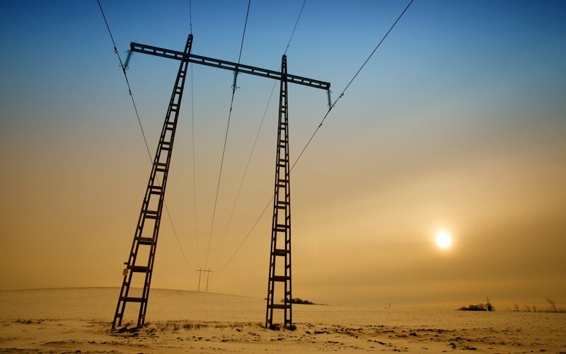 Power Line Towers — Blue, Dramatic, Sunset, Photograph, Snow