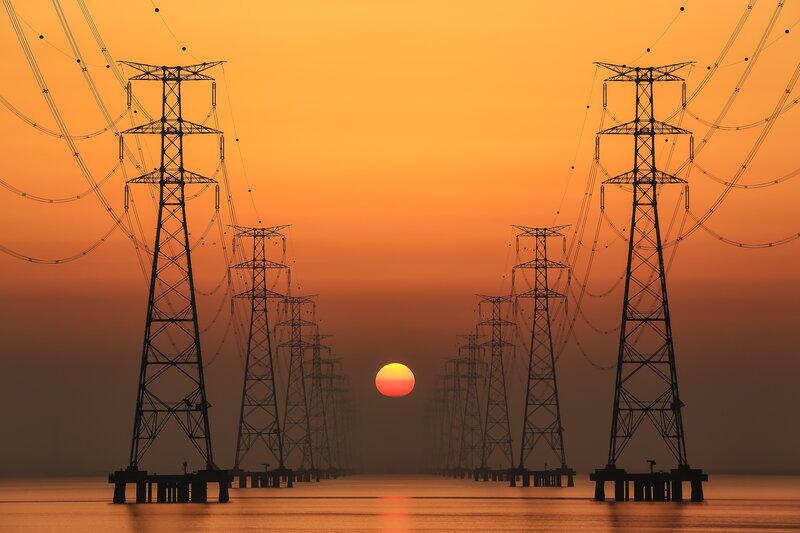 Power Line Towers — Orange, Dramatic, Sunset, Photograph