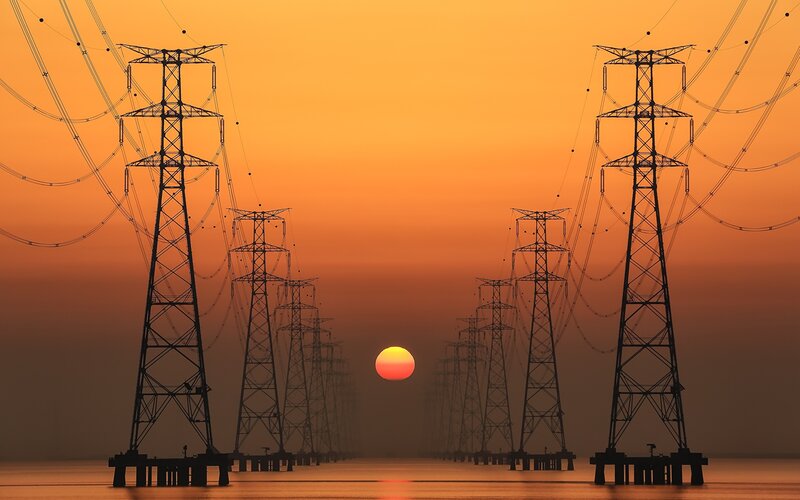 Power Line Towers — Orange, Dramatic, Sunset
