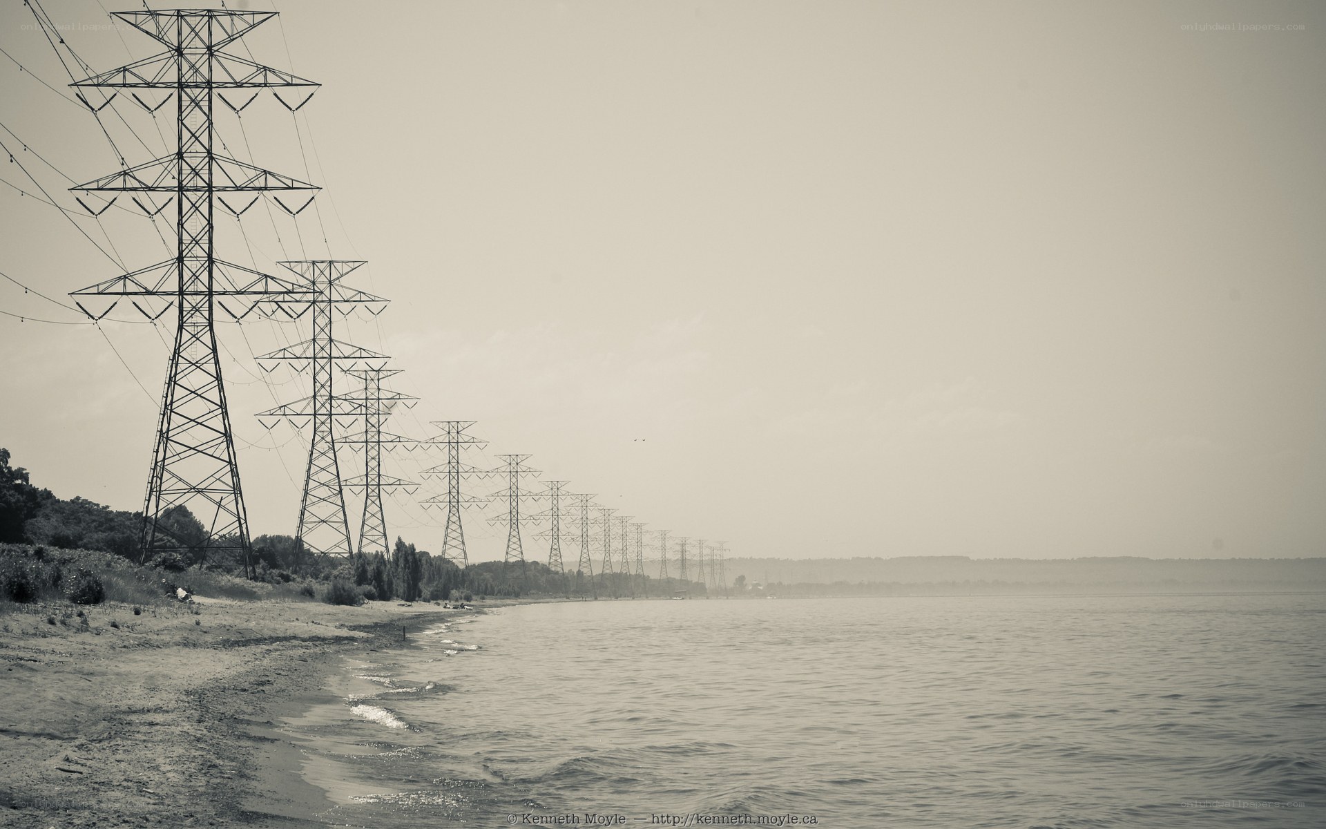 Power lines along a shoreline