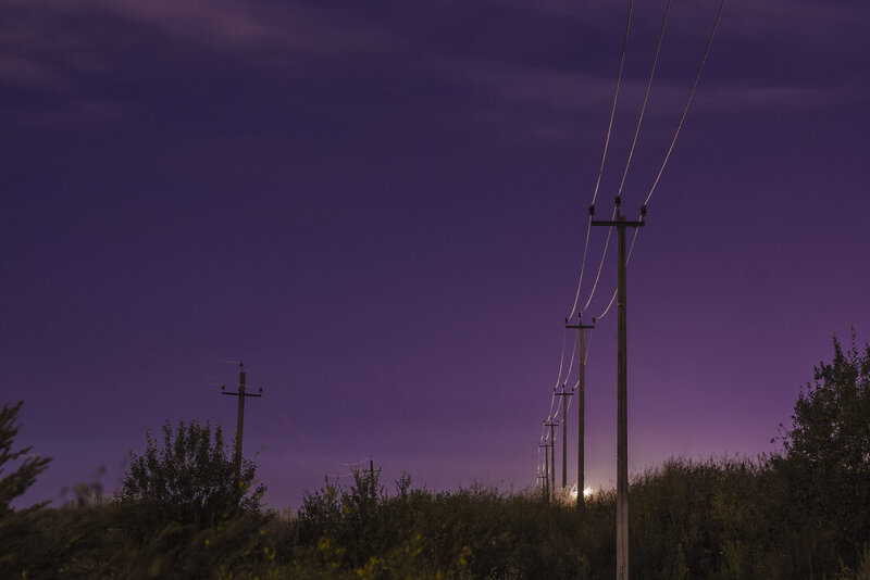 Power Lines at Dusk — Purple, Dramatic